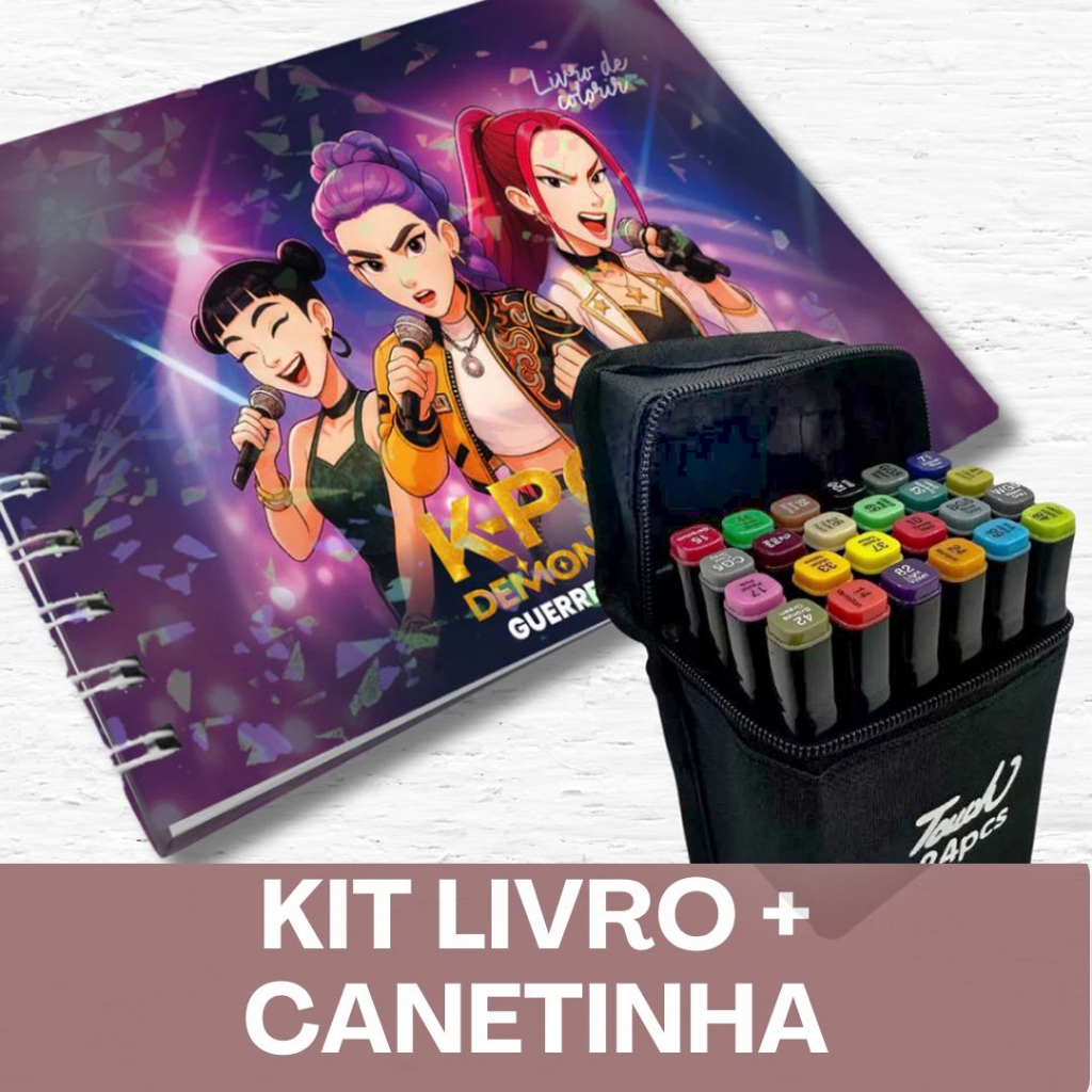 Livro de Colorir Guerreiras do K-pop +CANETINHAS–50 Folhas • Capa Holográfica Brilhante