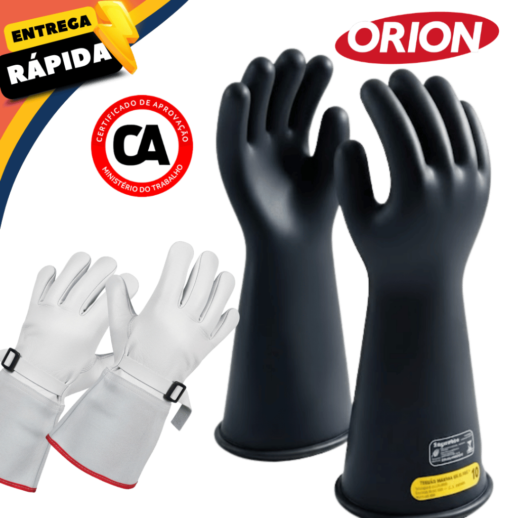 Luva Isolante Alta Tensão Eletricista Orion Classe 2 20KV + Luva de Cobertura Contra Choque Elétrico