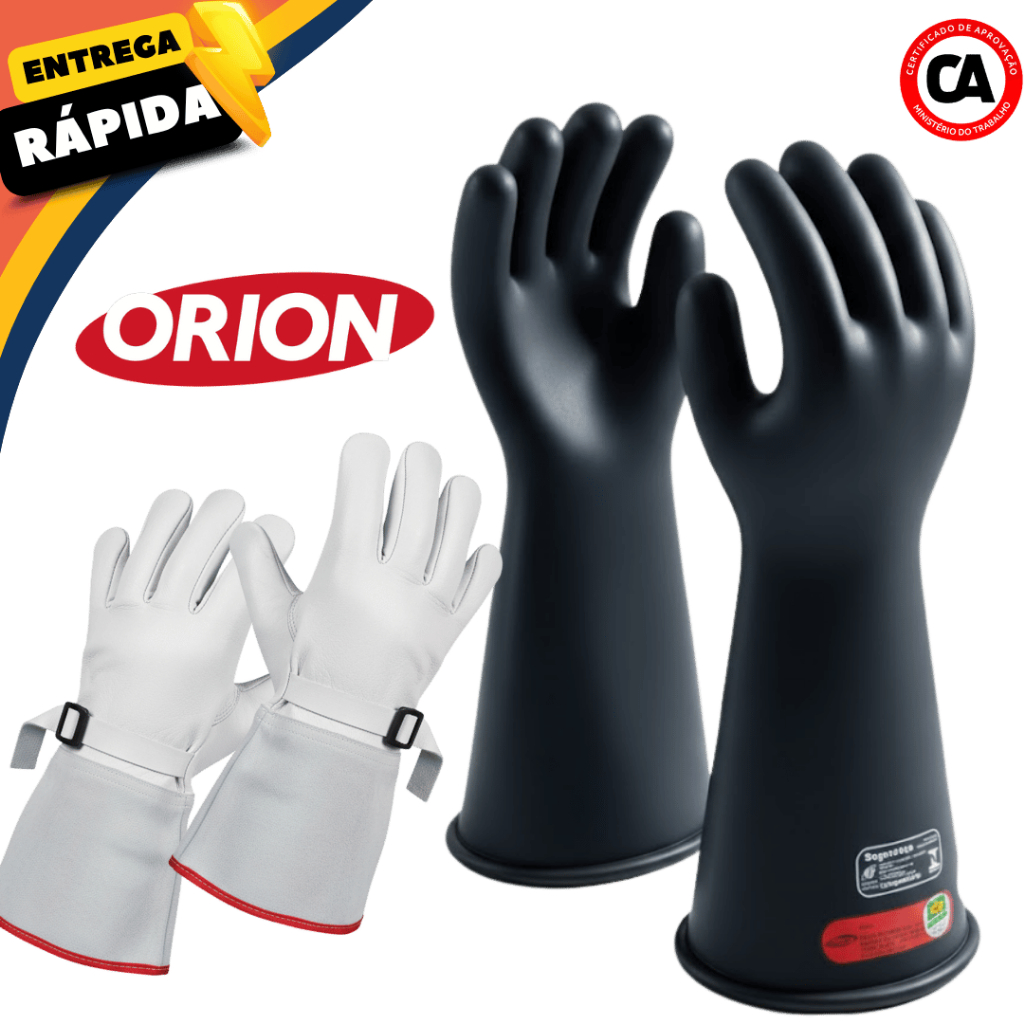 Luva Isolante Alta Tensão de Borracha Eletricista Orion Classe 0 1.000V + Luva de Cobertura Proteção