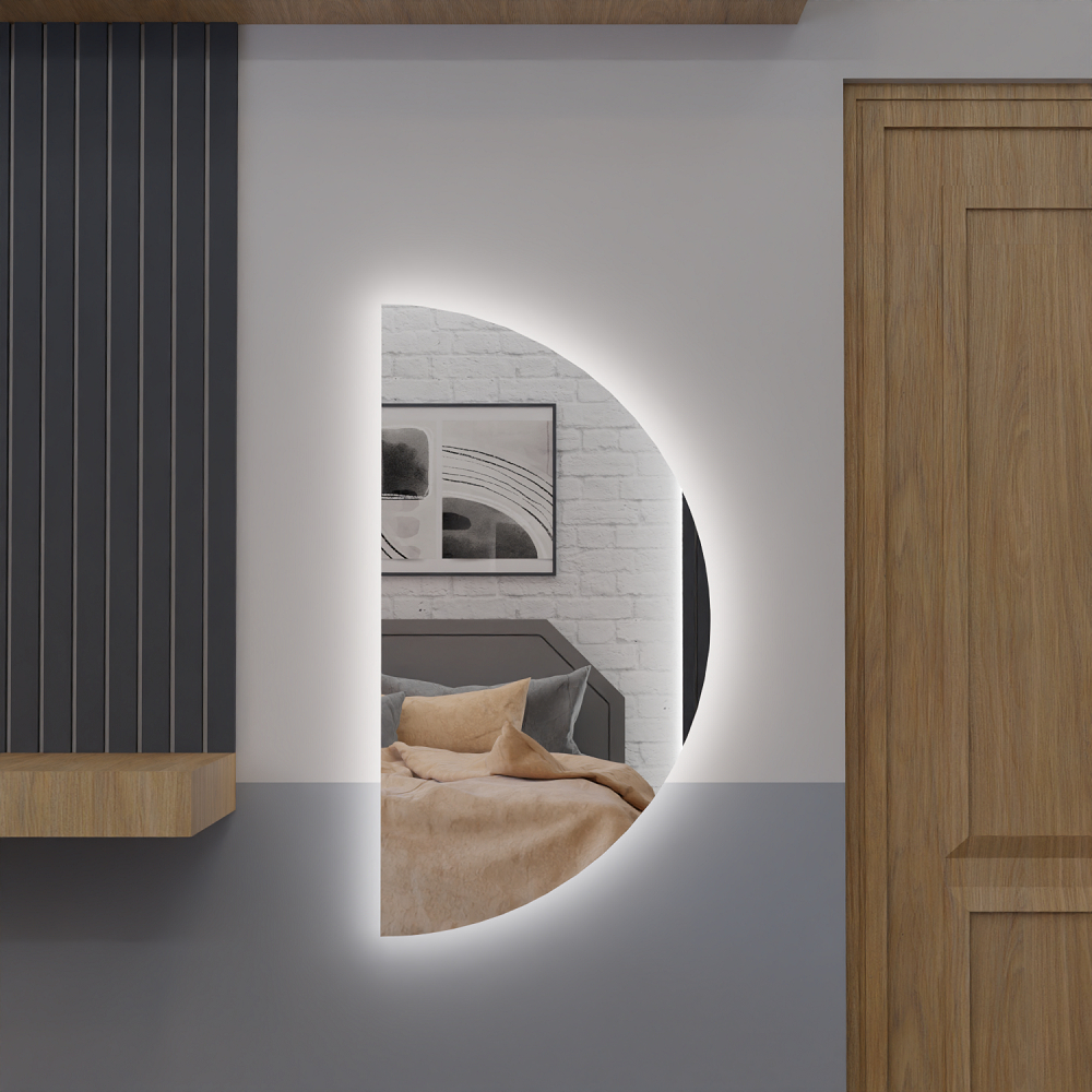 Espelho Meia Lua E25 115cmx60cm 150cmx60cm 170cmx70cm Com Led Luz Branca e Amare