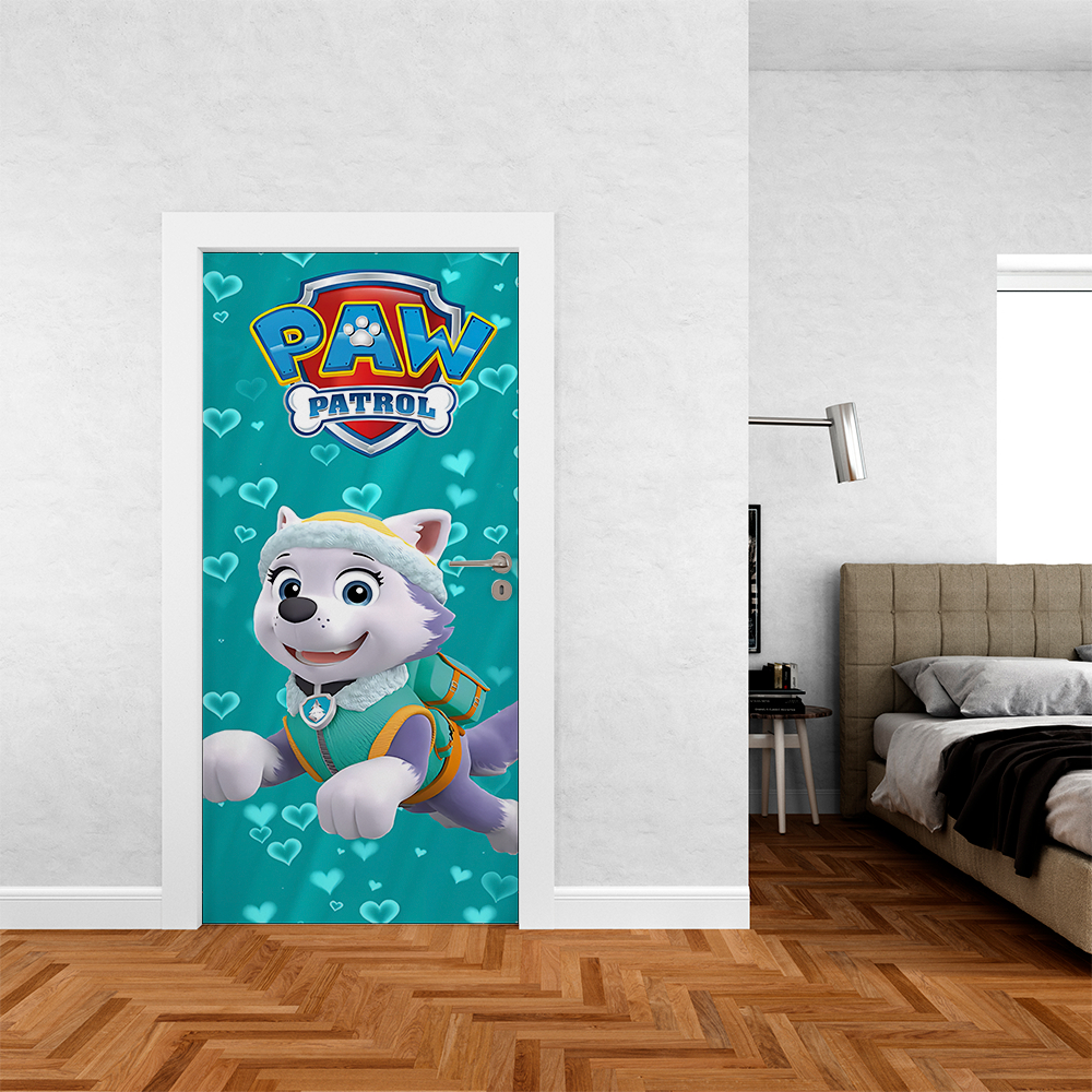 Capa De Porta Em Tecido Tema Desenho Animado Patrulha Canin Everest Husky Neve   Decoração 0,85x2,10m Veste Fácil