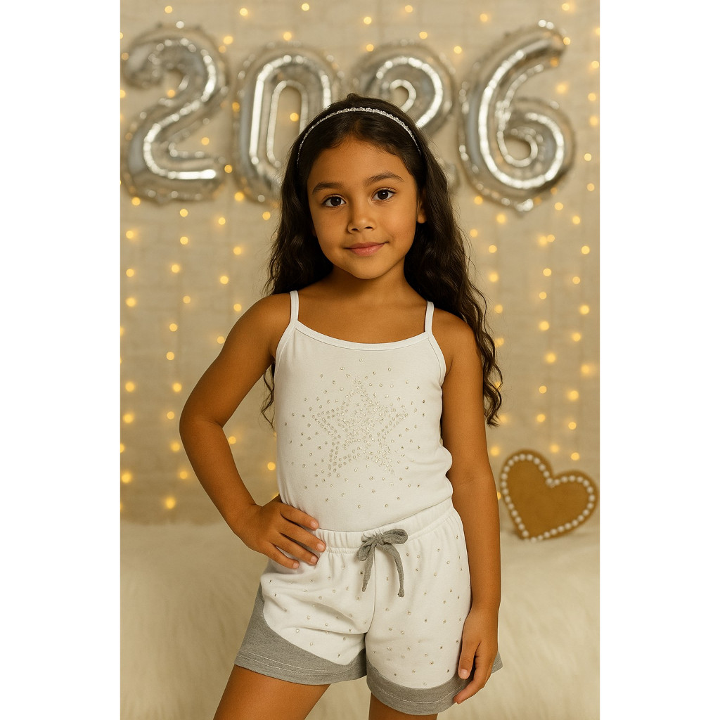 Conjunto Infantil Estiloso Menina Verão 2026 Camiseta Alcinha com Short Infanto Juvenil Top