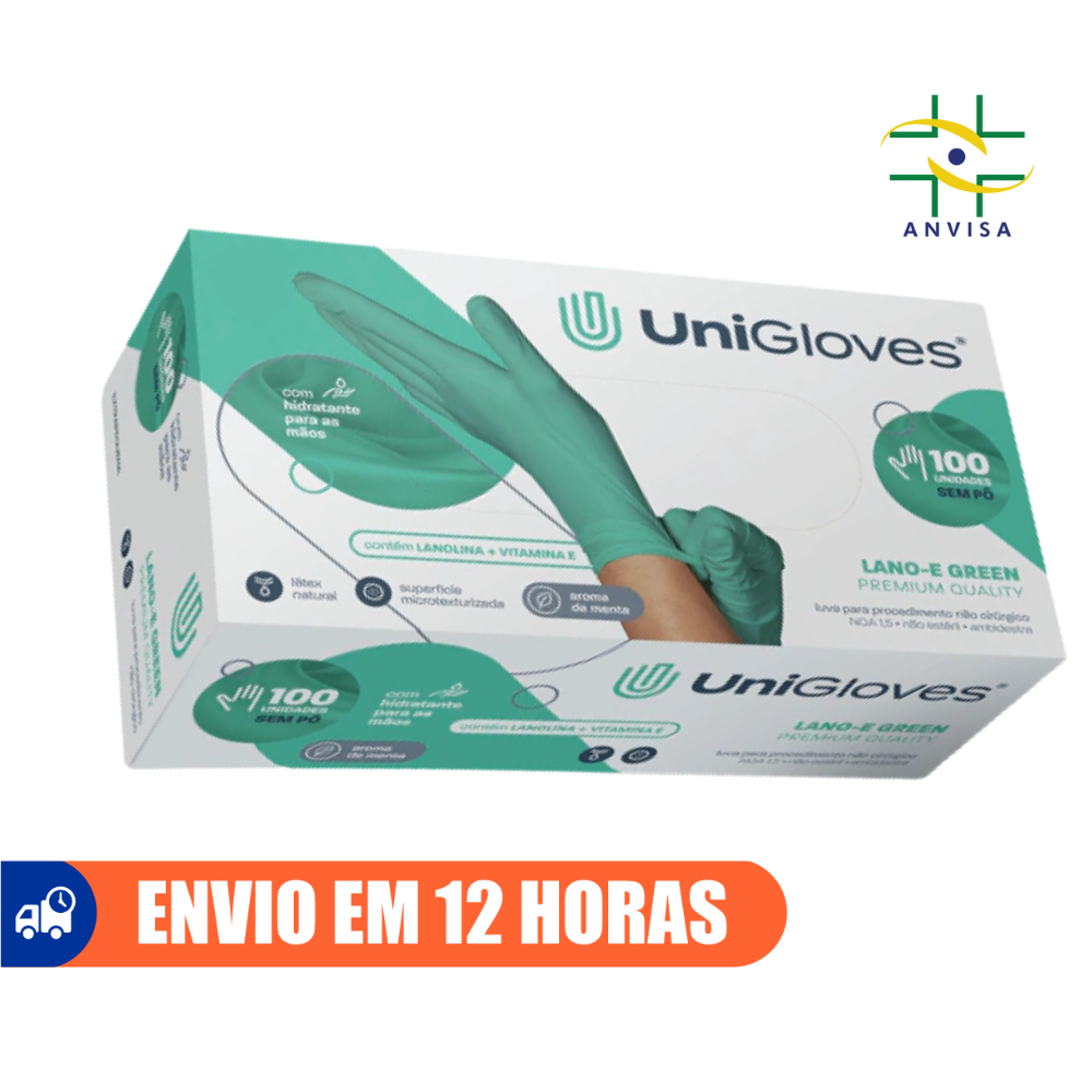 Luva de Procedimento Látex Verde Lano-e Sem Pó 100un Selo Anvisa Unigloves em Oferta na Shopee