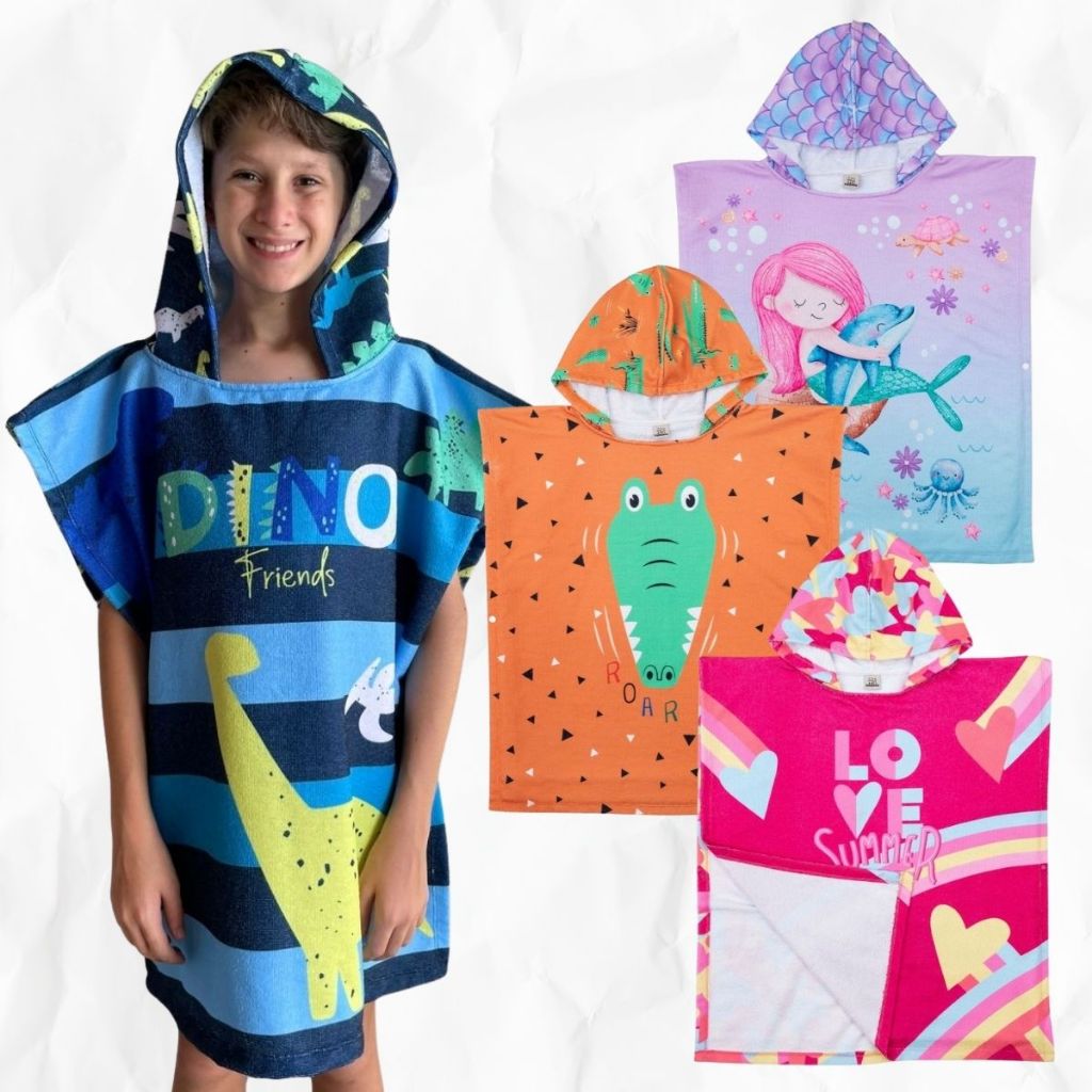Roupão Poncho Toalha Praia Piscina Infantil C/ Capuz Natação