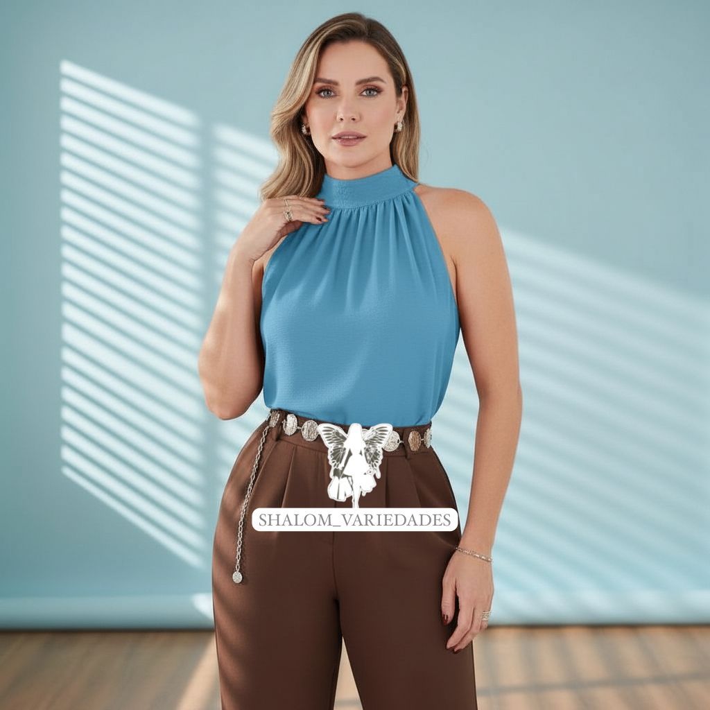 Blusa Regata Gola Alta Feminina com Amarração Regata Gola Alta Duna Blusinha Casual Gola Alta Feminina Blusinha com Laço