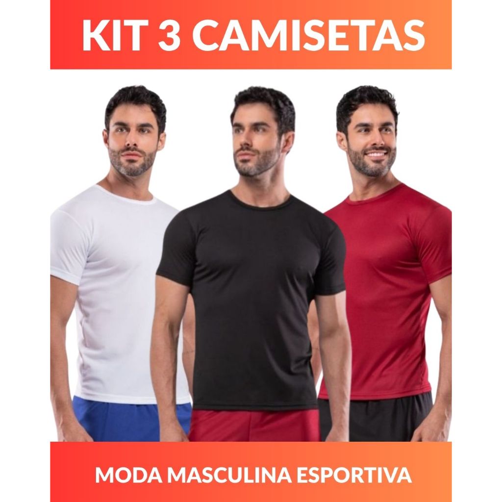 Kit 3 Camisetas Masculinas Esportivas Poliéster Lisa Academia Treino