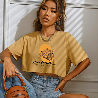 Cropped  Feminina Algodão Plus Size Confortável T-shirt 100% algodão - Calma Como Uma Onça