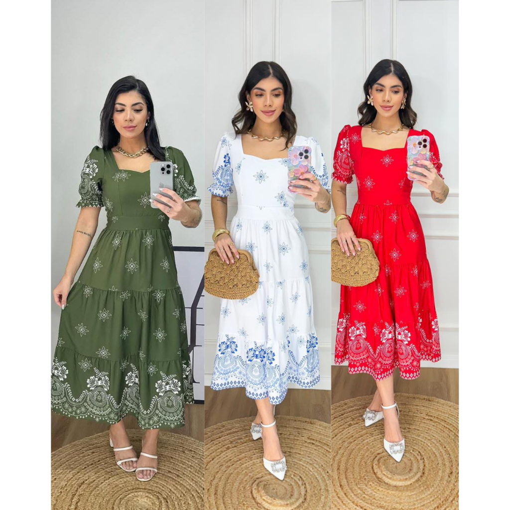 Vestido feminino  mídi evangélica manga princesa com elastes na costas confortável tecido crepinho