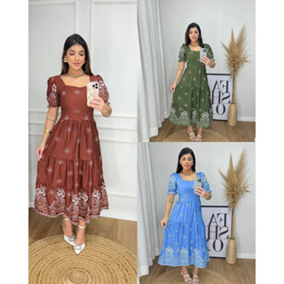 Vestido feminino mídi elegante evangélica manga princesa com elastes na costas confortável tecido em Oferta na Shopee