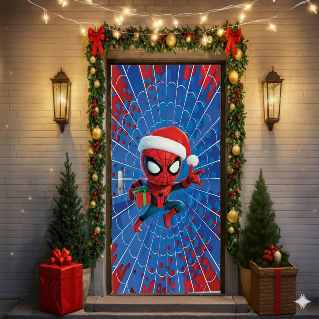 Capa De Porta Em Tecido Sublimado 2,0x0,8m C/ Elástico Natal Homem Aranha Noel Fim De Ano Lançamento