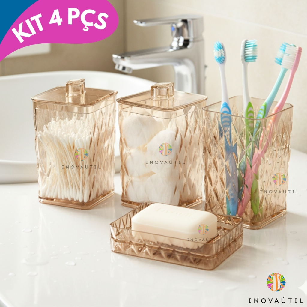 Kit Lavabo Banheiro 4 Peças Luxo Bancada Glamour Saboneteira Porta Escova Cotonete Algodão Com Tampa em Oferta na Shopee