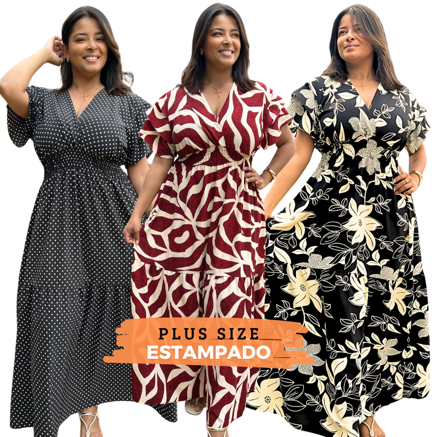 Vestido Longo Plus Size Feminino Elegante Confortável Saia Solta Manga Crepe Duna 48 ao 54