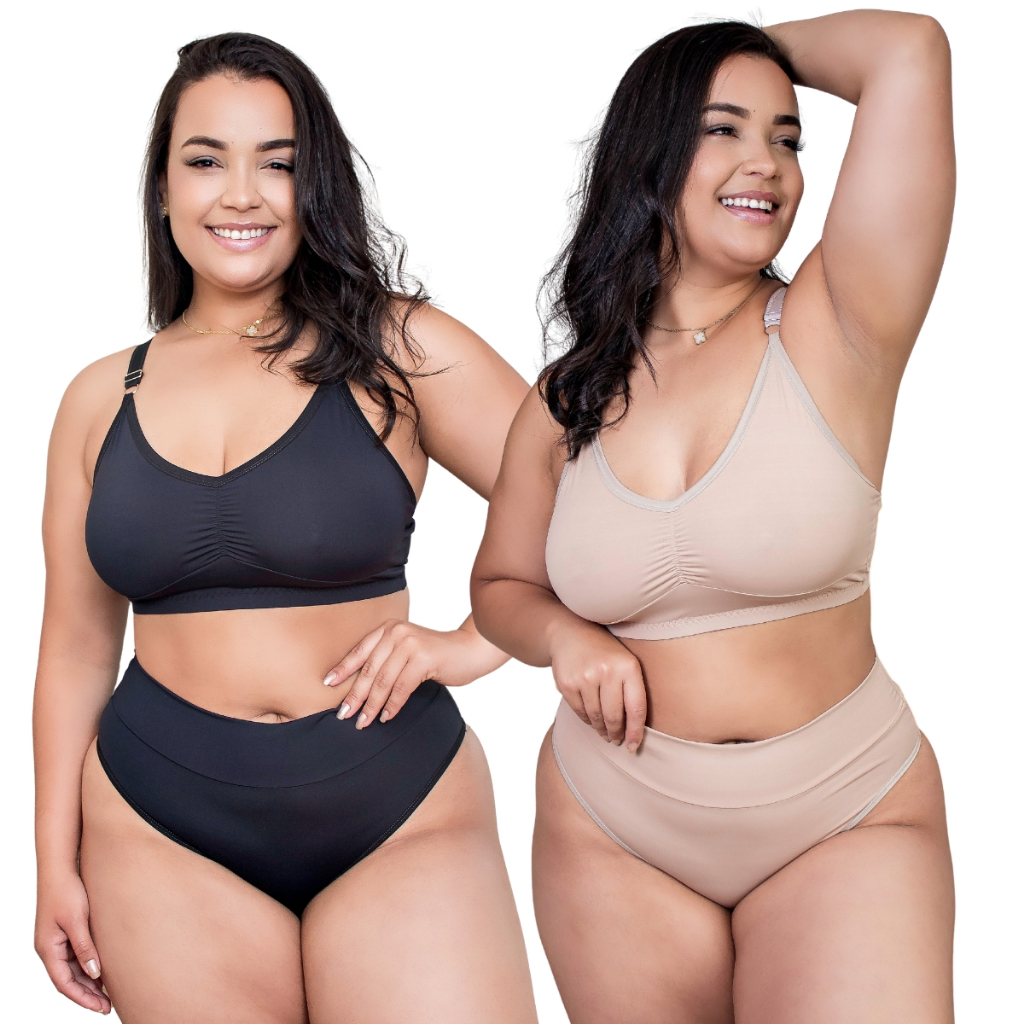 Kit 2 Conjuntos Lingerie Plus Size Sutiã Sem Bojo e Sem Aro Alças Largas Calcinha Conforto Poliamida