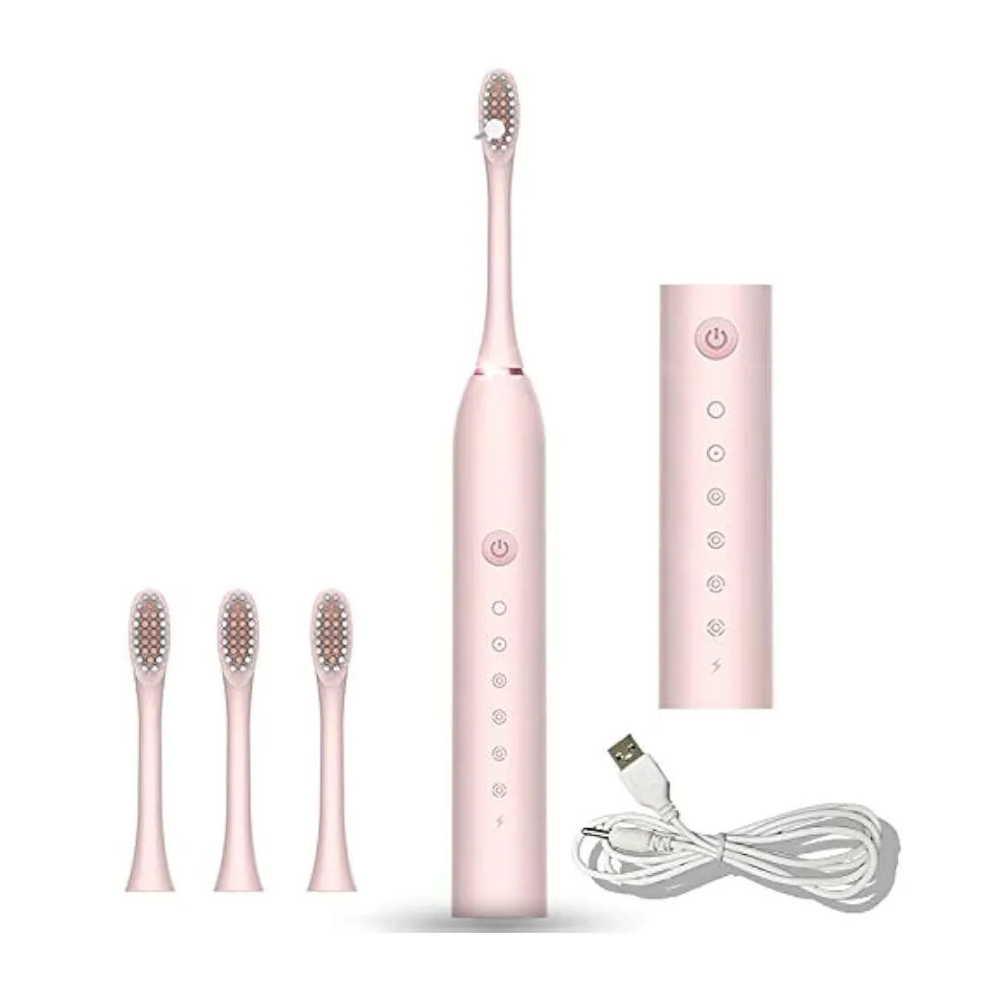 Escova Elétrica Recarregável USB Rosa – 6 Modos de Limpeza, Resistente à Água, com 4 Refis