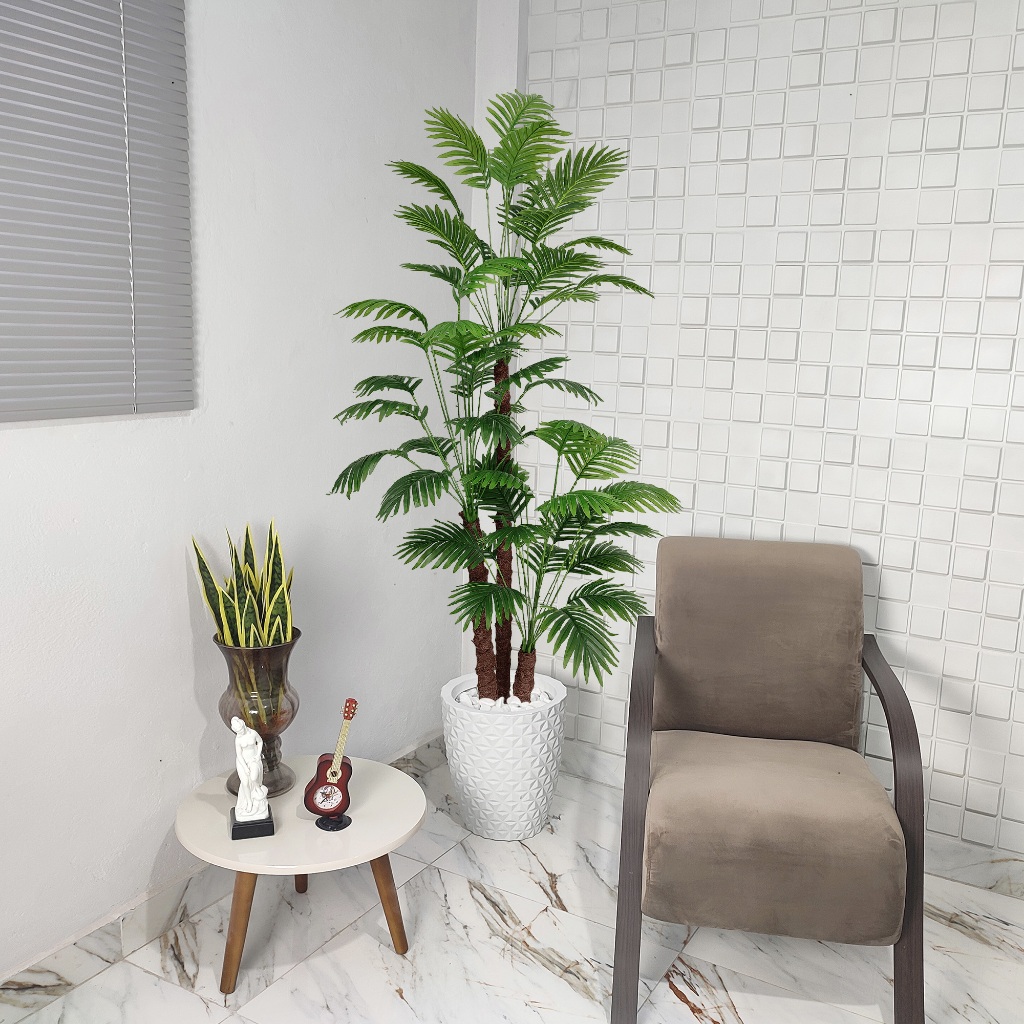 Coqueiro Artificial 190cm 3 Hastes Vaso Pedra Decoração Tropical