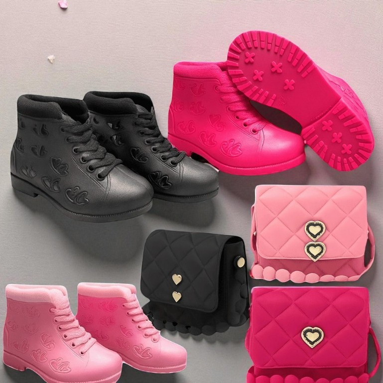 Conjunto Infantil Bota + Bolsinha Coração Feminino | Material Confortável E Impermeável Offmb