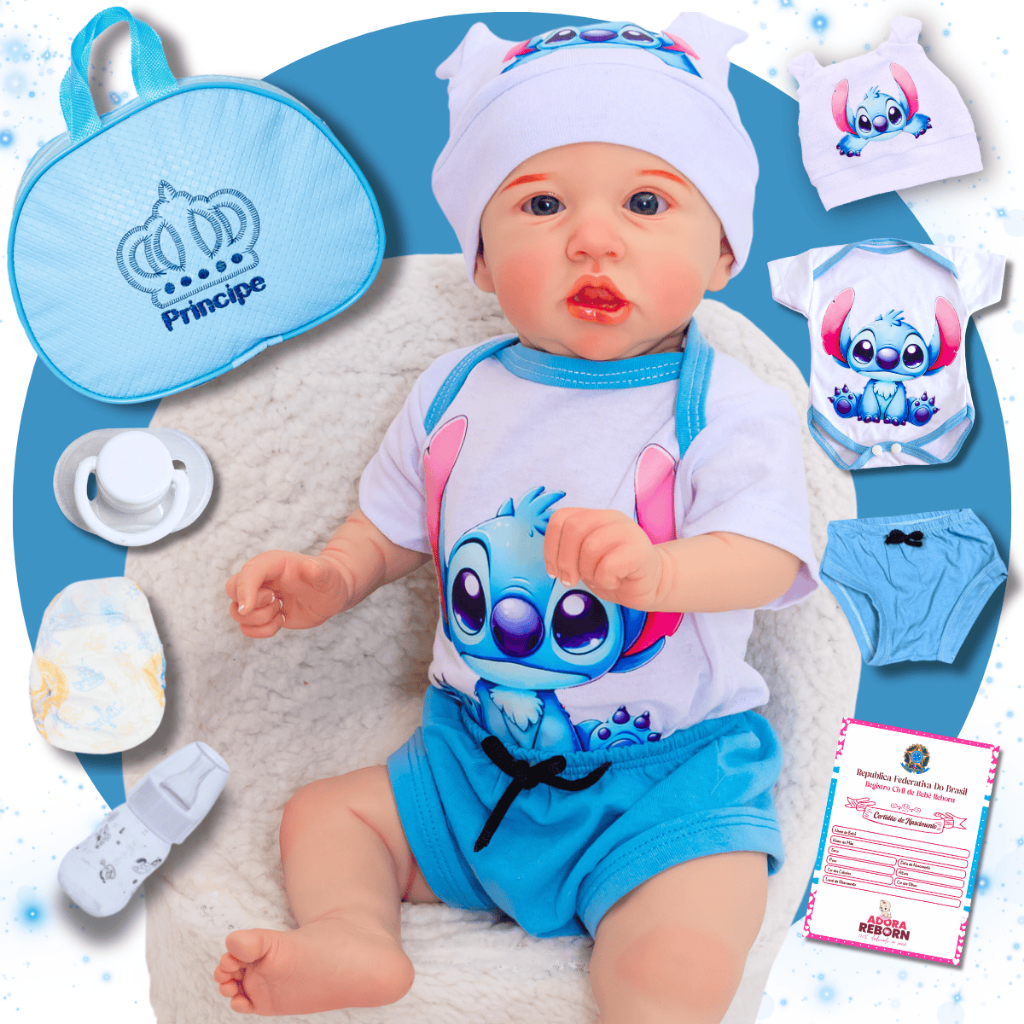Bebê Reborn Boneco Menino Saskia Stitch Realista Original de Silicone Com Bolsa Maternidade