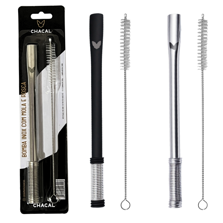 Kit Bomba Tereré Chacal Inox Filtro Mola Regulável Com Escova - Lançamento em Oferta na Shopee