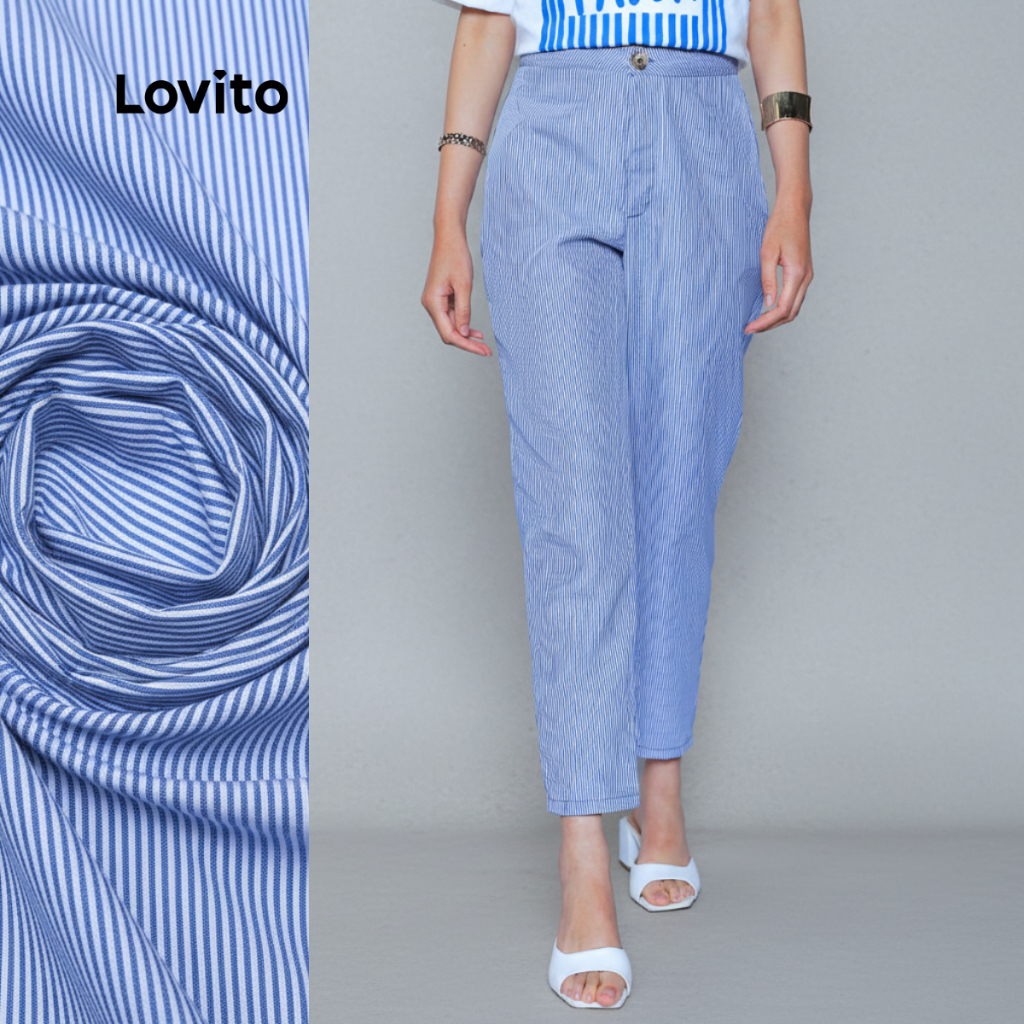 Lovito Calça Listrada Alfaiataria Azul Cigarrete Casual Feminina LB490BRL520 em Oferta na Shopee