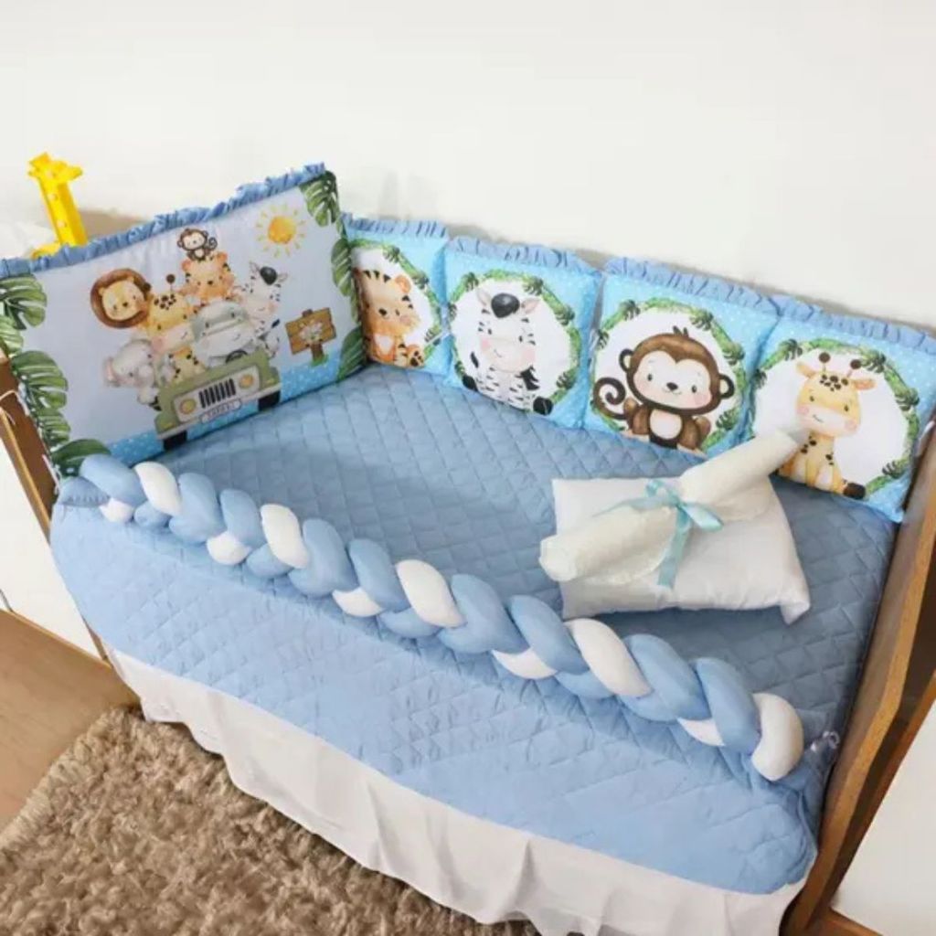 Kit Berço Padrão Americano Protetor com Almofadinhas 13 Peças Completo Para Bebê - Safari Azul em Oferta na Shopee