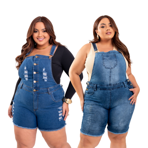 Kit 2 Macaquinhos Jardineira Short Jeans Plus Size Feminina Lycra