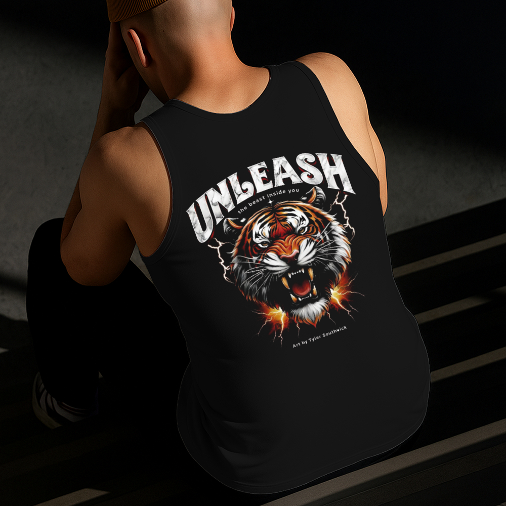 Camiseta Regata Masculina Estampada Tigre Unleash 100%Algodão Estilo Conforto Diário Do Tamanho P GG