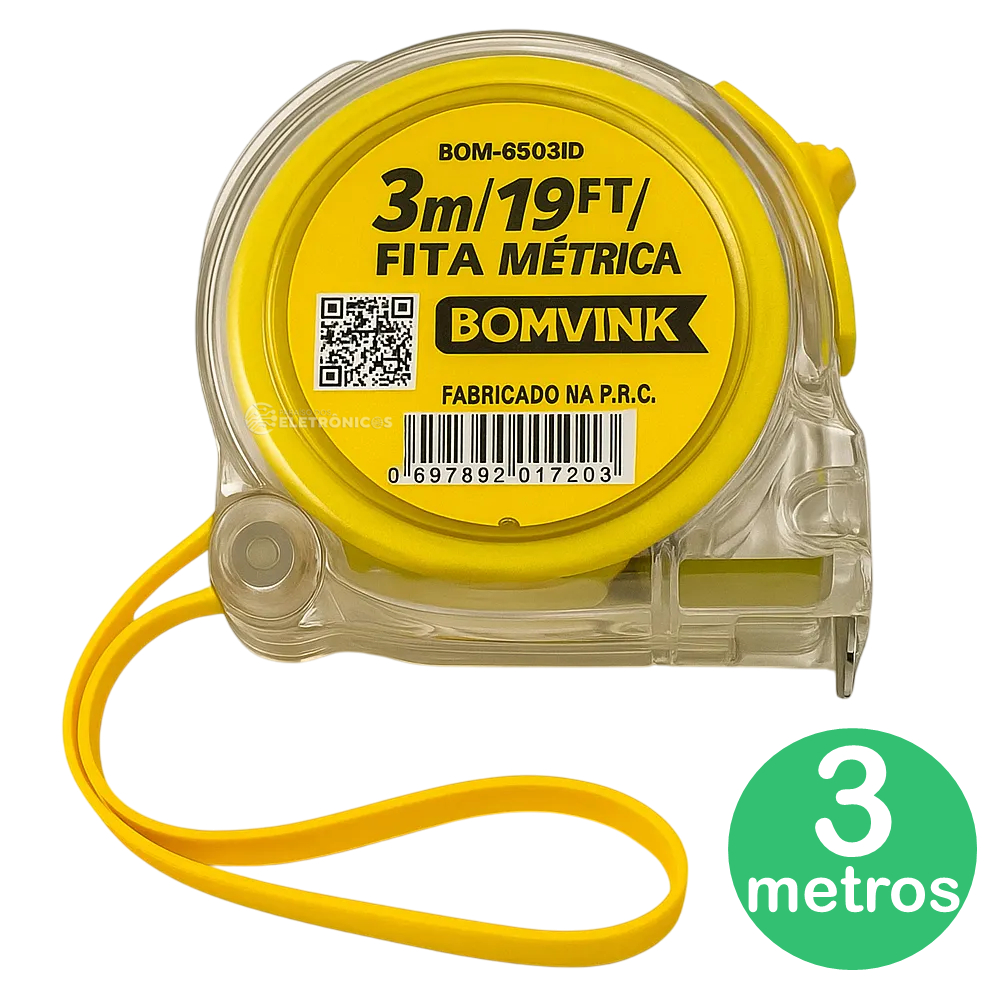 Trena de Medição 3 Metros Resistente com Trava de Segurança e Clip de Cinto BOM6503
