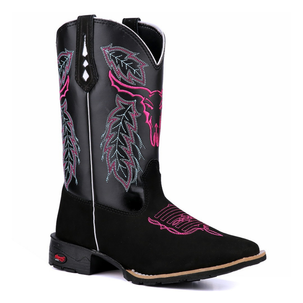 Texana em Couro Legítimo Preto com Bordado Touro Rosa Estilo, Conforto Premium e Durabilidade