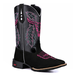 Texana em Couro Legítimo Preto com Bordado Touro Rosa Estilo, Conforto Premium e Durabilidade