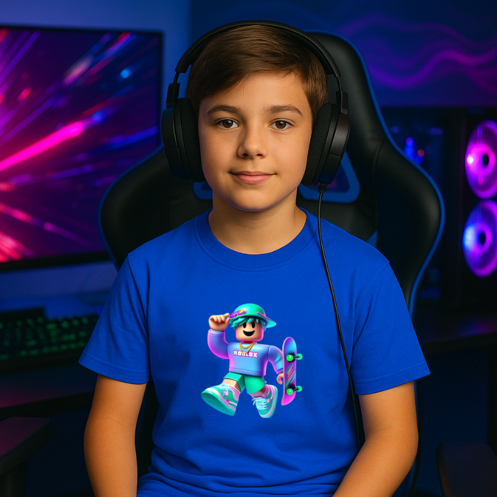 Camiseta Roblox Gamer Infantil 100% Algodão Premium Manga Curta Gola Redonda Tamanhos 06 ao 16