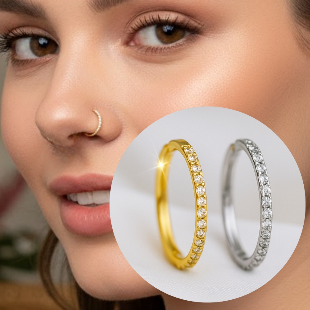 Piercing Argola Cravejada Zircônia 8mm Titânio Nariz Orelha Septo Conch Hipoalergênico Dourado Prata
