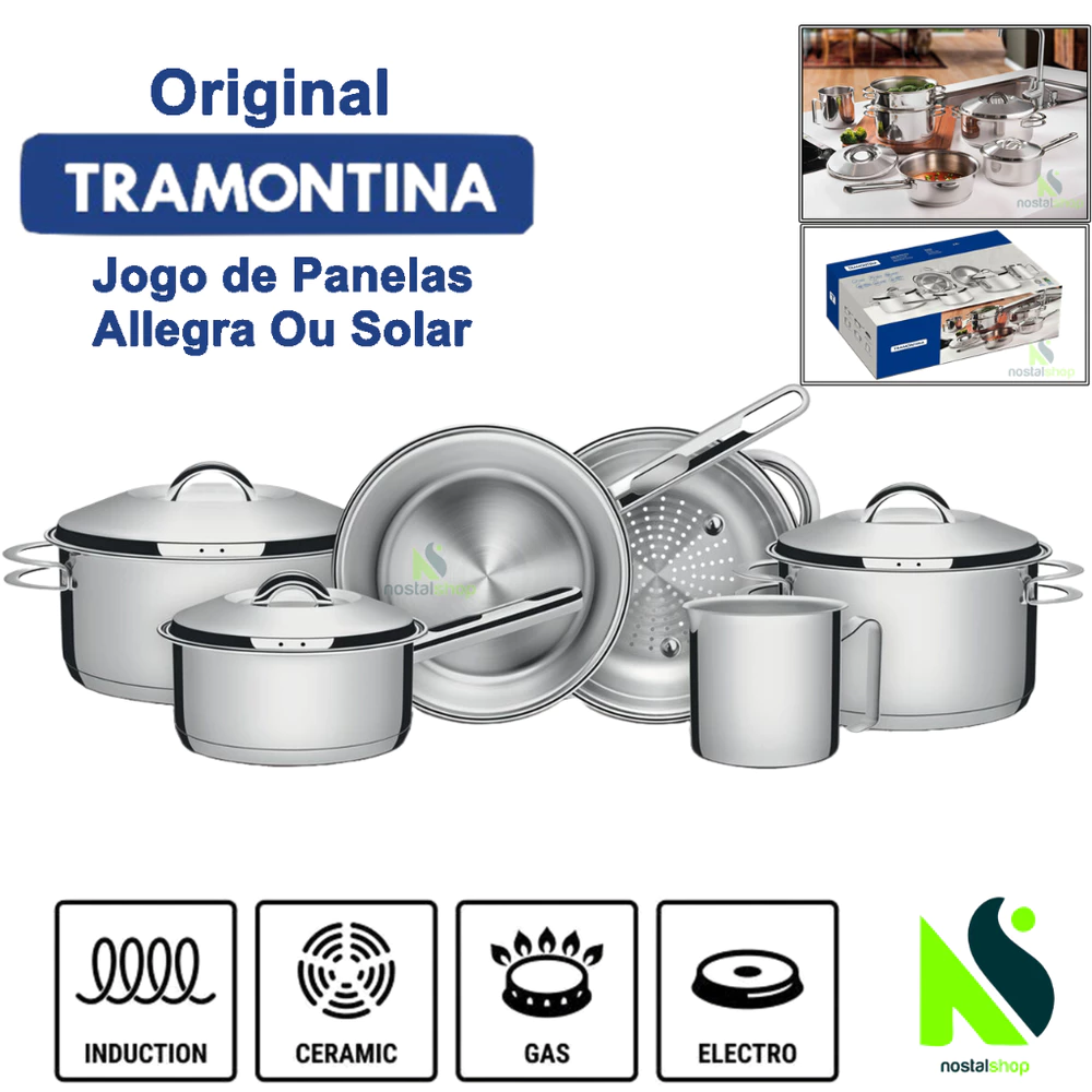 Jogo de Panelas Tramontina Inox Solar Ou Allegra Fundo Triplo Indução Frigideira leiteira Escorredor