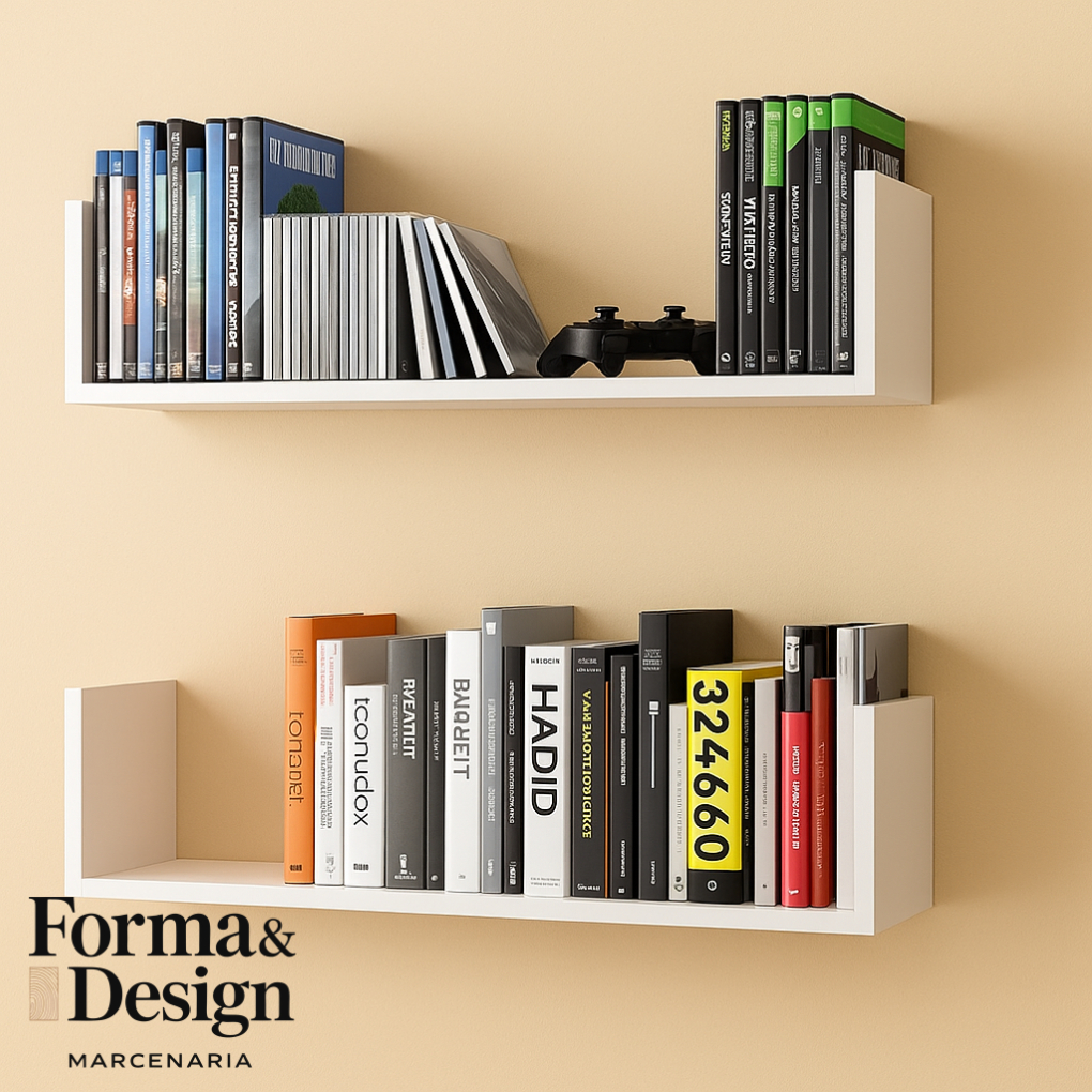 Kit 2 Prateleiras 60cm em U Branco MDF – Prateleira Suspensa 60cm Parede Sala Quarto