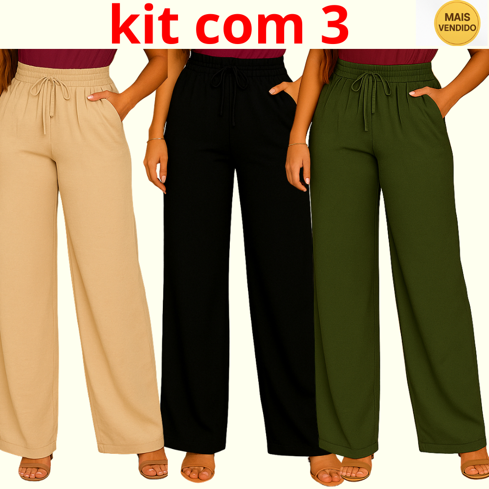 Kit 3 Calças Femininas Pantalona Cintura Alta com Bolsos Tecido Duna