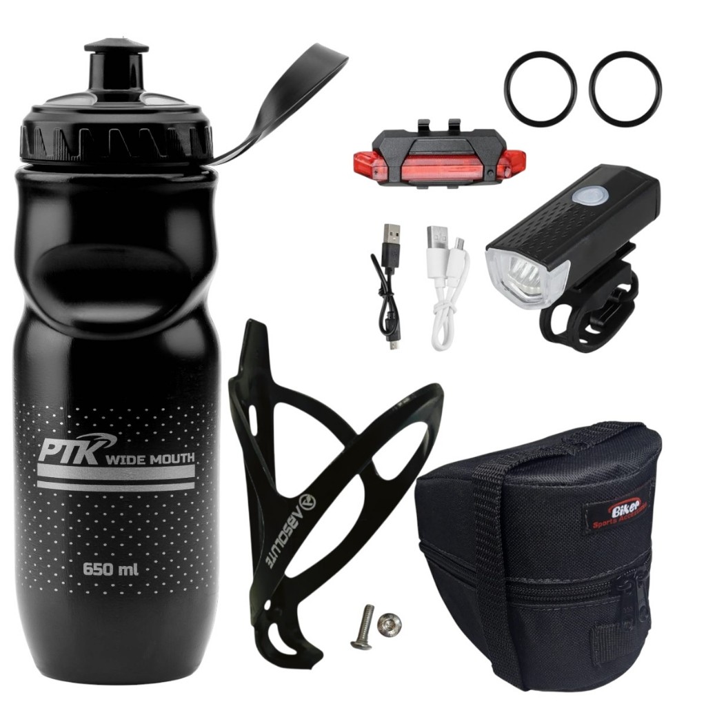 Kit ciclismo garrafa 650 ml+suporte absolute+bolsa de selin+kit farol e sinalizador