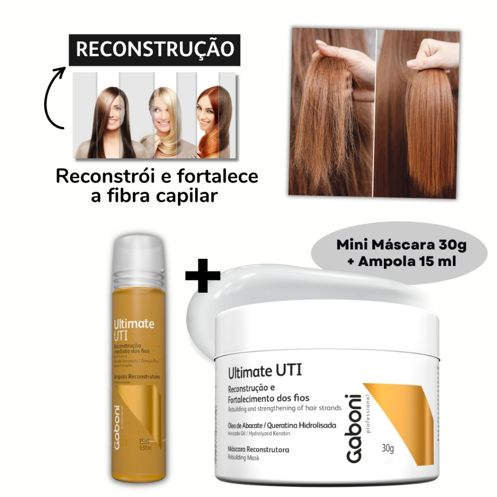 Kit Gaboni UTI: Mini Máscara 30g + Ampola 15ml. Reconstrução e Força Capilar