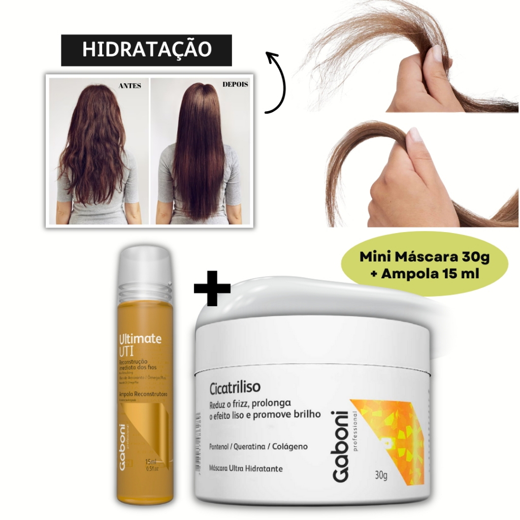 Kit Hidratação Antifrizz Mini Máscara 30g + Ampola Reconstrutora 15 ml Gaboni