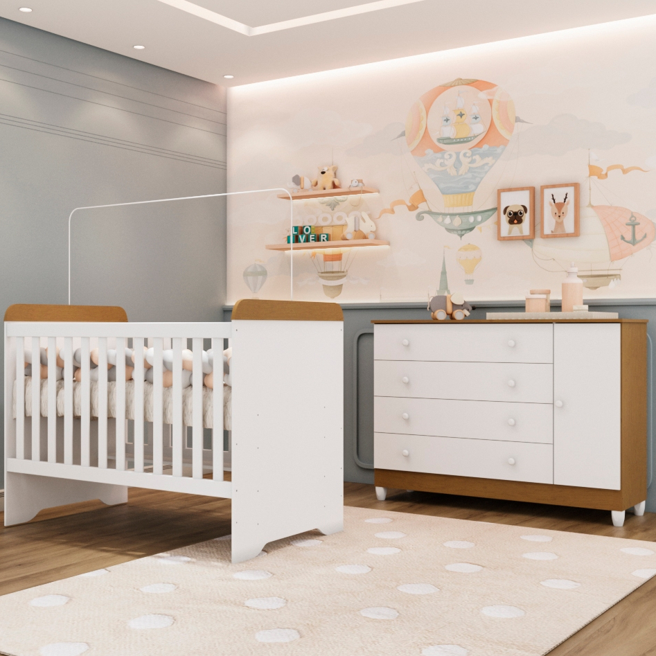 Quarto de Bebê com Berço 3 em 1 e Cômoda 4 Gavetas com Porta - MDF - Cor Branco com Bétula em Oferta na Shopee