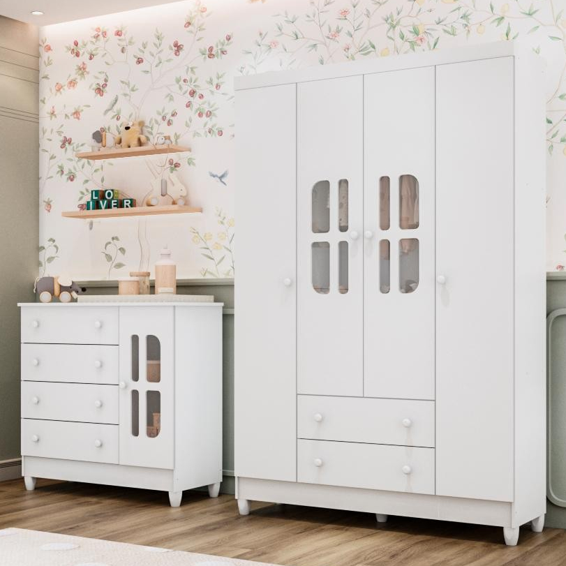 Quarto de Bebê 100% MDF Gabrielle Guarda Roupa 4 Portas Cômoda 4 Gavetas com Porta Branco