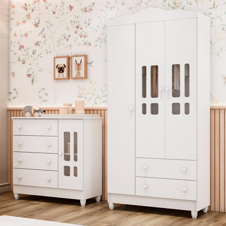 Quarto de Bebê Ariel Guarda Roupa 3 Portas Cômoda Infantil com Porta Fraldário Branco Carolina Baby