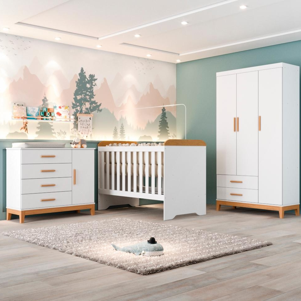 Quarto Bebê Completo Berço Americano 3Em1 Gabrielle Guarda Roupa 3 Portas Cômoda 1 Porta 100% MDF