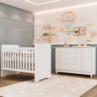 Quarto de Bebê 100% MDF - Cômoda Grande 4 Gavetas com Porta e Berço 3 em 1 - Branco Carolina Baby em Oferta na Shopee