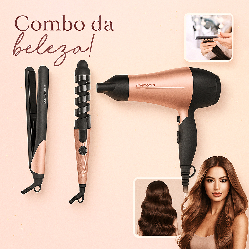 Kit Secador + Modelador + Chapinha 1200W Cabelos Cacheados Lisos Bivolt Portátil Viagem Profissional