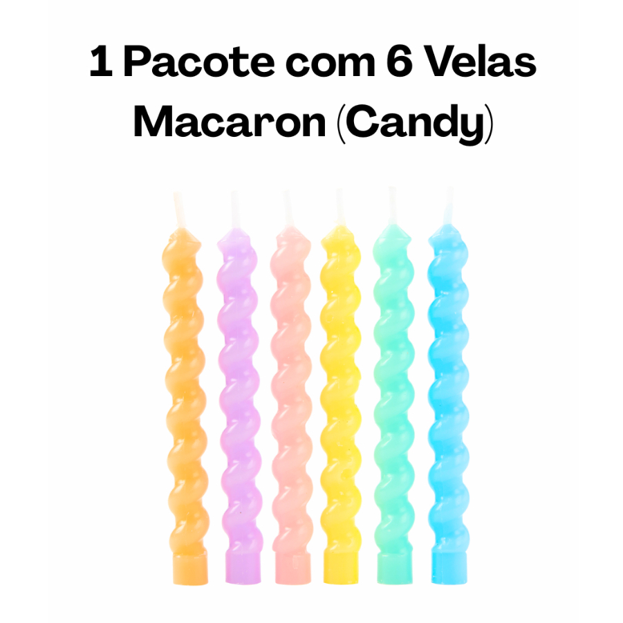 Kit Velas Macaron Candy Colors com 6 unidades para Bolo - Festa de Aniversário