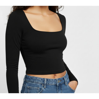 Croped Feminino Decote Quadradinho Manga Comprida