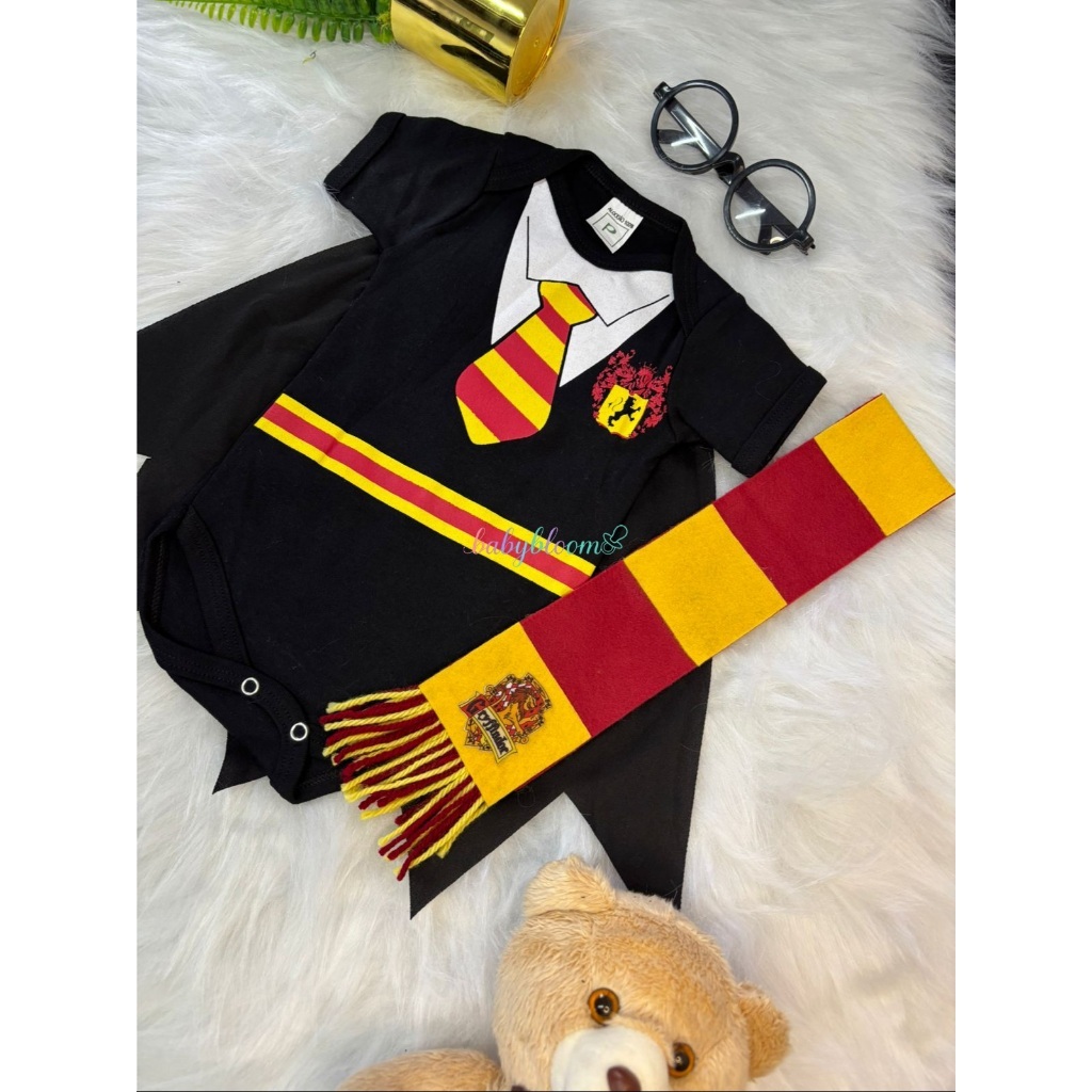 Kit Harry Potter Bebê Completo Body Capa Cachecol Óculos Fantasia Bruxinho Mesversário Roupa Temátic