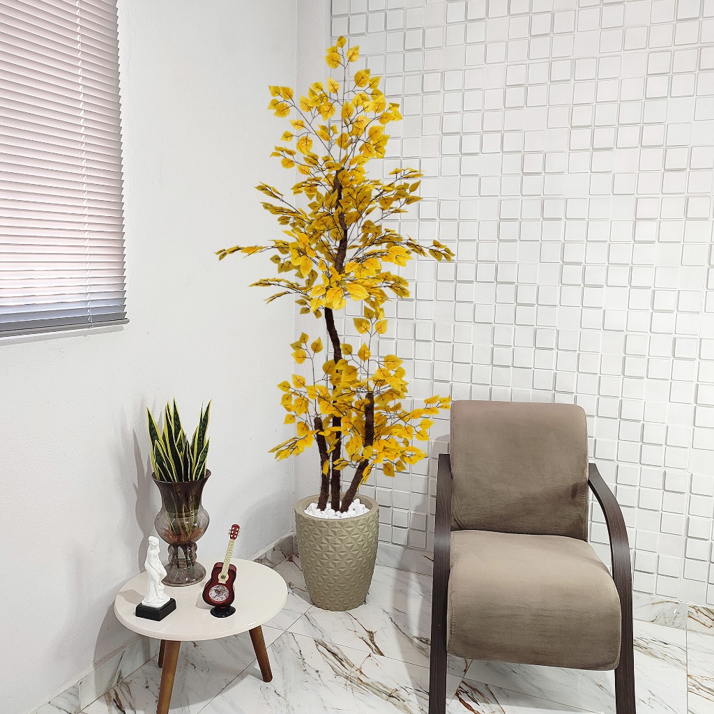 Fícus Artificial Amarelo 190cm Grande Vaso Decoração Pedra