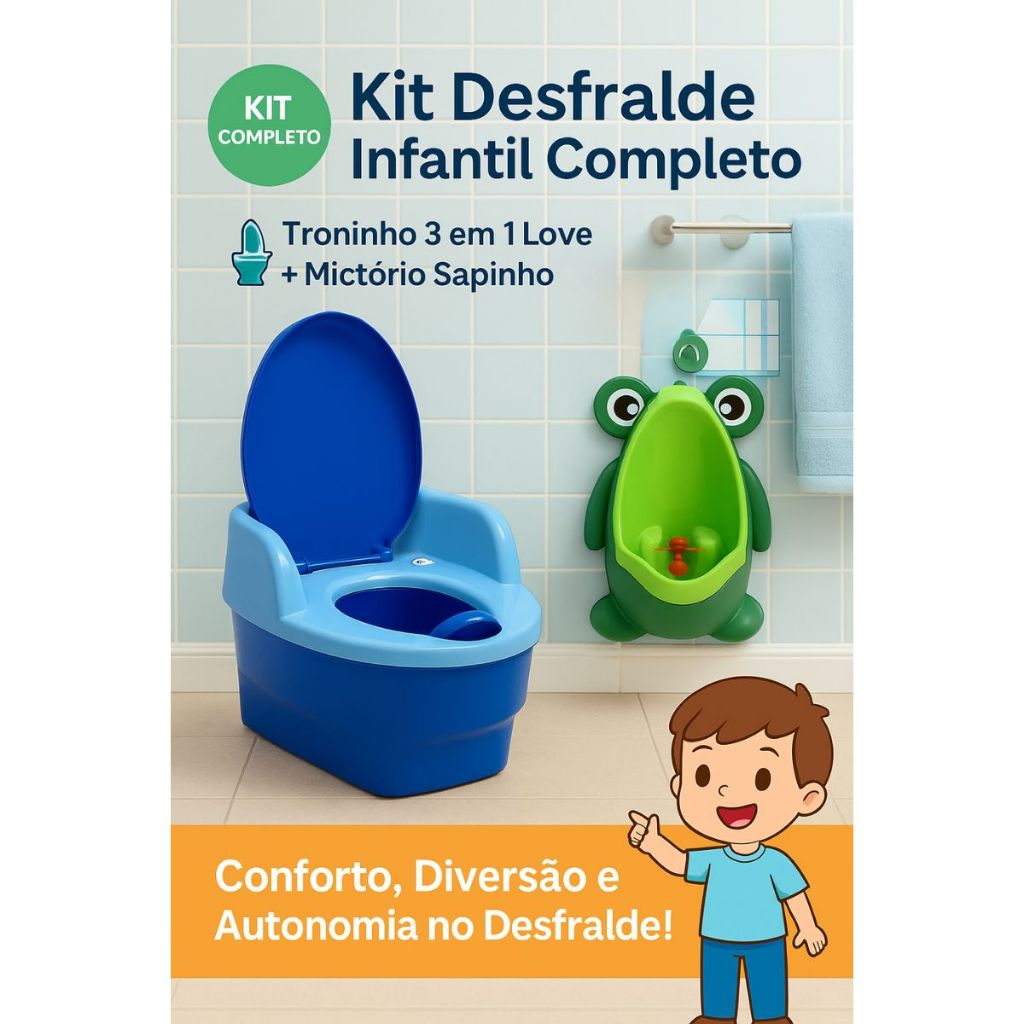 Kit Desfralde Bebê Pinico Infantil Meninos 3 em 1 até 18kg com Mictório para Xixi Troninho Banheiro