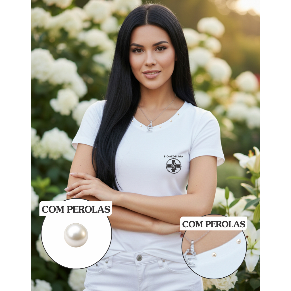 baby look feminina biomedicina t-shirt gola V feminina blusa COM PÉROLAS biomedicina