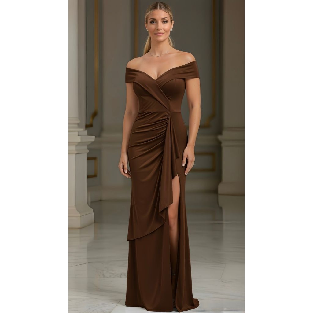 vestido longo de festa ombro a ombro com fenda drapeado elegante rose fucsia marsala marrom + cores